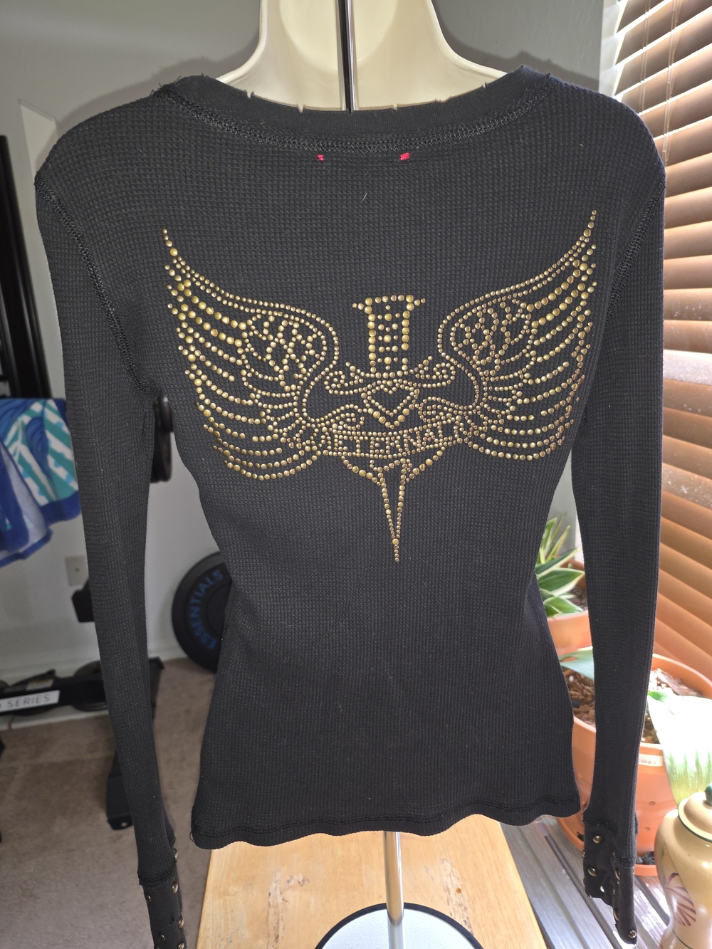 Miss Me Black Thermal Top with Studded Details